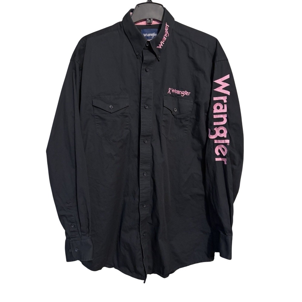 Wrangler Shirt Breast Cancer Awareness Pink Ribbon Long Sleeve Black Men's M